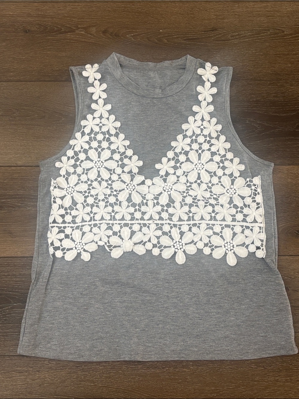 SHEIN Grey Tank Top with White Floral Lace  NWOT